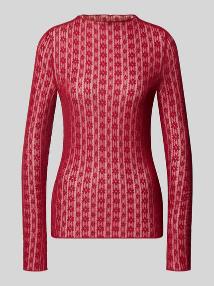 Produktfoto, Longsleeve mit Rundhalsausschnitt Modell 'Zahara' von OH APRIL in Rot mit Muster, Slim Fit, Stretch-Material, Label-Detail.