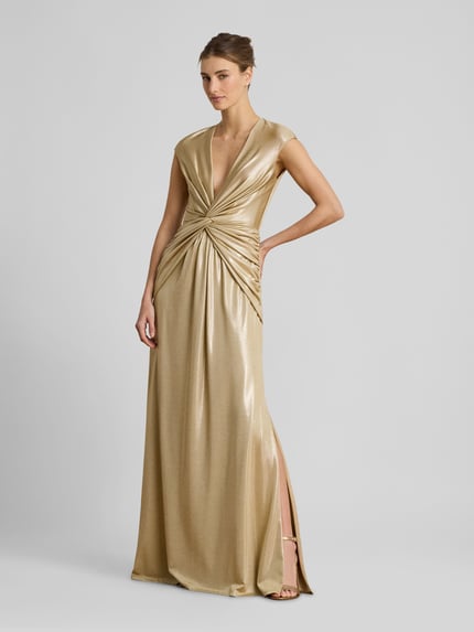 Lauren Ralph Lauren Abendkleid mit tiefem V-Ausschnitt und Knoten-Detail Gold 4