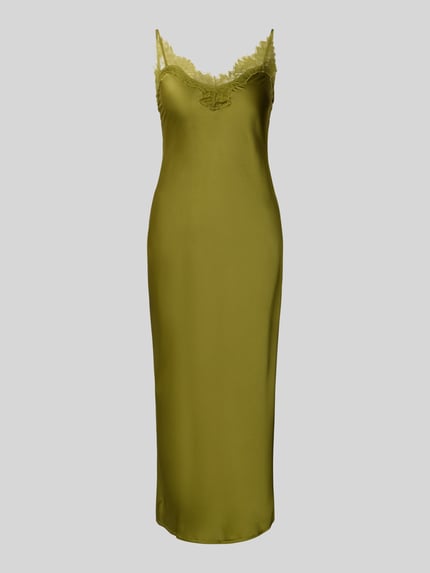 Produktfoto, olivgrünes Damen Midikleid aus Satin mit Spitzenbesatz, Gerader-Schnitt, Modell 'EASY' von Mango, glatte Textur