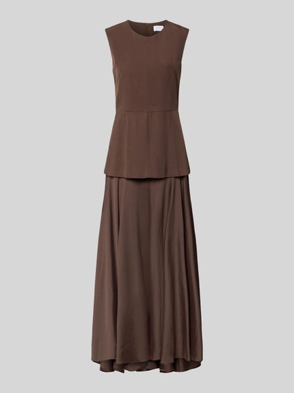 Produktfoto, Maxikleid aus Lyocell-Leinen-Mix mit 2-in-1-Look von Jake*s Collection, braun, Gerader Schnitt, Rundhalsausschnitt, glatte Textur