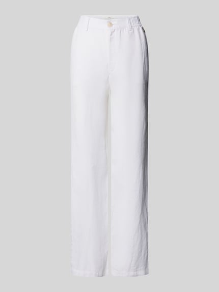 Produktfoto, Straight Fit Leinenhose mit elastischem Bund von Fynch-Hatton in Weiß, reine Leinenstruktur, Paspeltaschen, schlichte Optik.