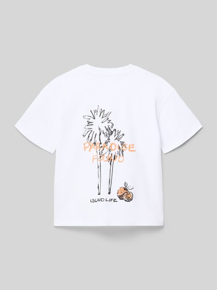 Produktfoto, Regular Fit T-Shirt aus reiner Baumwolle von s.Oliver RED LABEL, biała koszulka dziecięca z motywem palm, nadrukiem i okrągłym dekoltem, materiał jersey
