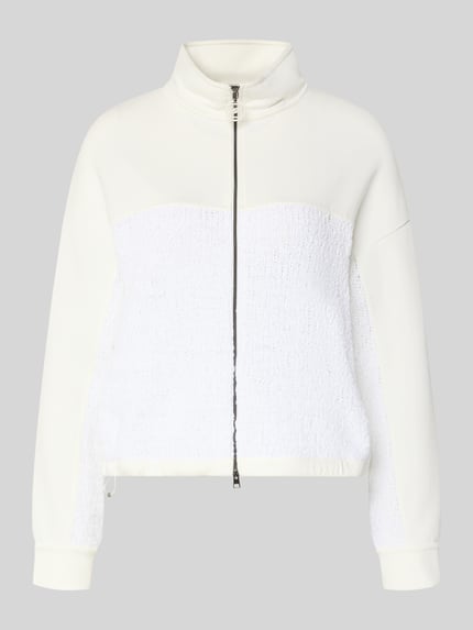 Produktfoto, Regular Fit Sweatjacke mit Strickbesatz von Marc Cain in Off-White, Baumwoll-Mix, Stehkragen, Zweiwege-Reißverschluss, elastische Ärmelabschlüsse