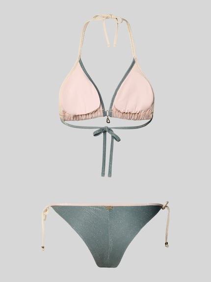 Productfoto, Bikini met gewatteerde cups en zijdelingse striksluiting van Banana Moon, model 'MUNDOIOKA GLITTERWAVE', lichtroze en lichtblauw met glitter, materiaal-mix met stretch, kleine hart-hanger, labeldetail.