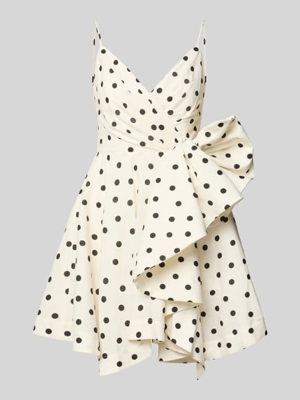 Produktfoto, Cocktailkleid in Wickel-Optik von Forever New, Reine Baumwolle, taillierte Passform, Minikleid, Herz-Ausschnitt, Drapierungen, Modell 'Addie Bow', Reißverschluss auf der Rückseite, Rückseite 66 cm, Brustweite 38 cm, schwarz-weiße Punkte, stoffliche Struktur, dekorative Schleife.