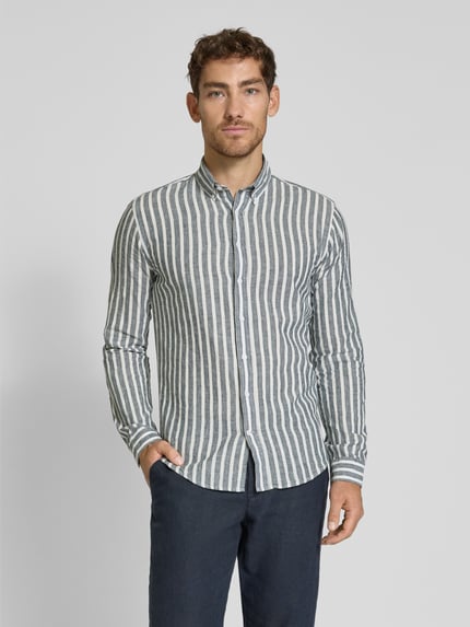 Lindbergh Slim Fit Freizeithemd aus Leinen-Baumwoll-Mix Dunkelblau 4