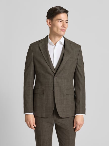 Männermodel trägt Slim Fit 2-Knopf-Sakko mit Pattentaschen von MCNEAL, braun gemustert, Material-Mix, Ganzkörperansicht von vorne.