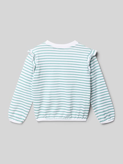 Meisje draagt sweatshirt met motiefstitching van Blue Seven, turquoise-wit gestreept, puur katoen, regular fit, ronde hals. Ganzkörperansicht Rückansicht.