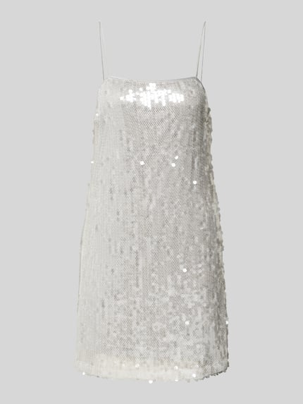 Produktfoto, silberfarbenes Mini-Trägerkleid mit Paillettenbesatz, gerader Schnitt, Spaghettiträger, Mini-Trägerkleid mit Pailettenbesatz - curated by Vicky Heiler von SIC, strukturierte, glänzende Textur, Damen Minikleid, Länge 63 cm, Brustweite 35 cm