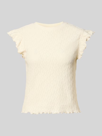 Productfoto, Strickshirt mit Rundhalsausschnitt und Wellensaum van Jake*s Casual, zuiver katoen, regular fit, golfzoom, crèmekleur, korte mouwen, textuur met fijn patroon