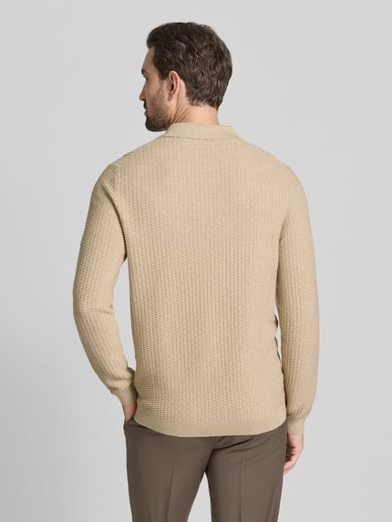 Männermodel trägt Strickpullover mit Polokragen van Christian Berg Men in beige, katoen, regular fit, geribde boorden, rugaanzicht, ganzkörper.