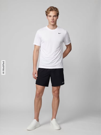 Männermodel trägt wit regular fit sportshirt met logoprint van Nike Training, zwarte short, witte sneakers, ganzebodyvoorzicht, KI-modified beeld.