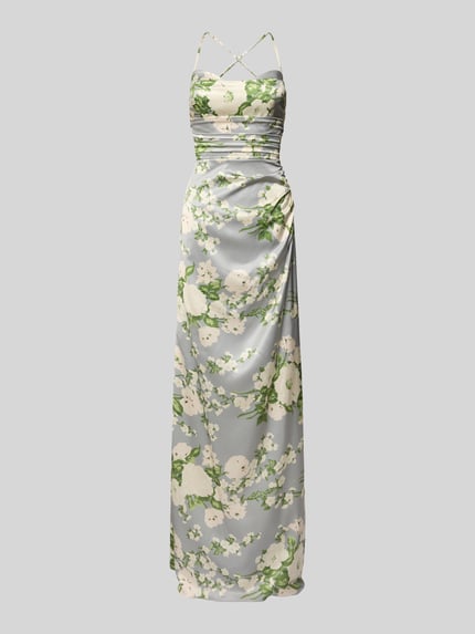 Produktfoto, Abendkleid mit rückseitiger Schnürung van Mascara, satijn, nauwsluitend model, maxi-jurk met cascadehals, gedrapeerd, ruglengte maat 36: 134 cm, borstwijdte maat 36: 33 cm, bloemenpatroon in groen, wit en lichtgrijs