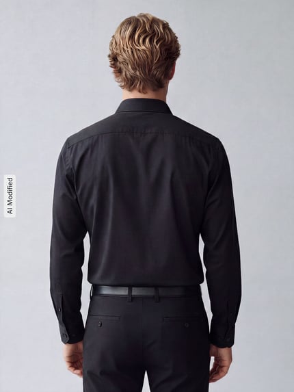 Männermodel trägt zwart Regular Fit Business hemd met Kentkraag van puur katoen van Seidensticker, knoopsluiting, ruglengte 74 cm, schouderbreedte 44 cm, mouwlengte 66 cm, productnaam: Regular Fit Business Hemd mit Kentkragen aus reiner Baumwolle, rugaanzicht, KI-modificeerd beeld