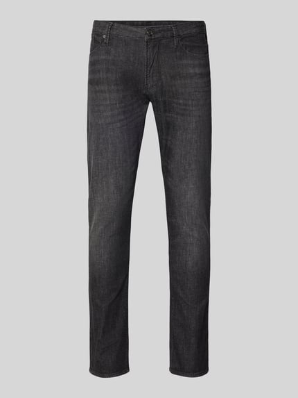 Produktfoto, Jeans mit Eingrifftaschen von Emporio Armani in dunklem Grau, Baumwoll-Mix mit Stretch-Anteil, Slim-Fit, Knopf-Reißverschluss, Bundweite 43 cm, Innenbeinlänge 79 cm, Herren Jeans.