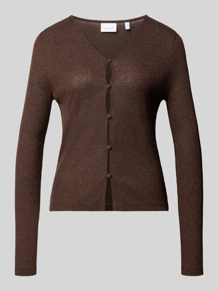 Produktfoto, brauner Cardigan aus Viskose-Mix von Rich & Royal mit V-Ausschnitt, Knopfleiste, Slim Fit, Rückenlänge 57 cm, Stretch-Anteil