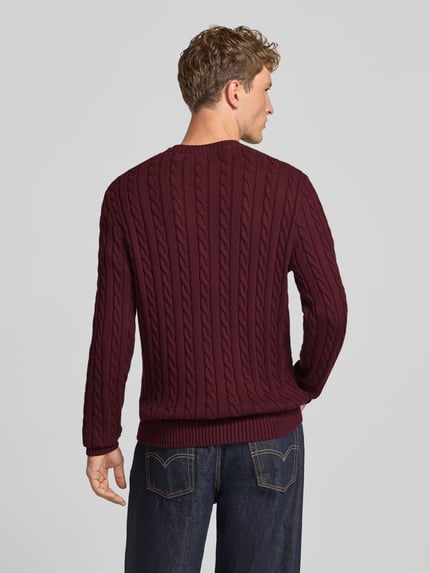 Männermodel trägt Slim Fit Strickpullover aus reiner Baumwolle mit Zopfmuster von REVIEW in Dunkelrot, Rückenansicht, Label-Stitching, gerippte Abschlüsse, Rückenlänge 70 cm, Ärmellänge 53 cm.