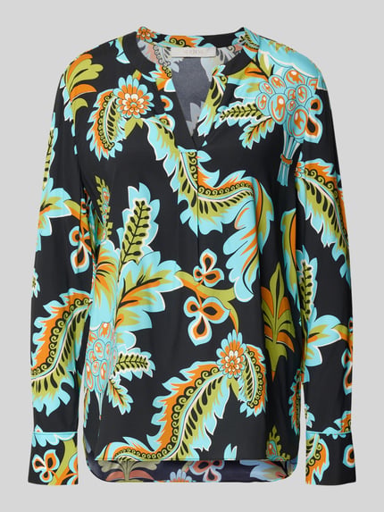 Produktfoto, Regular Fit Bluse aus Seide-Elasthan-Mix von HERZENS, czarny materiał w kolorowy, całopowierzchniowy wzór, tunikowy kołnierz, długość tyłu 70 cm, długość rękawa 64 cm dla rozmiaru 36