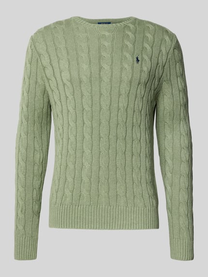 Produktfoto, Strickpullover mit Label-Stitching von Polo Ralph Lauren in hellem Grün, reine Baumwolle, Rundhalsausschnitt, Regular Fit, gerippte Abschlüsse