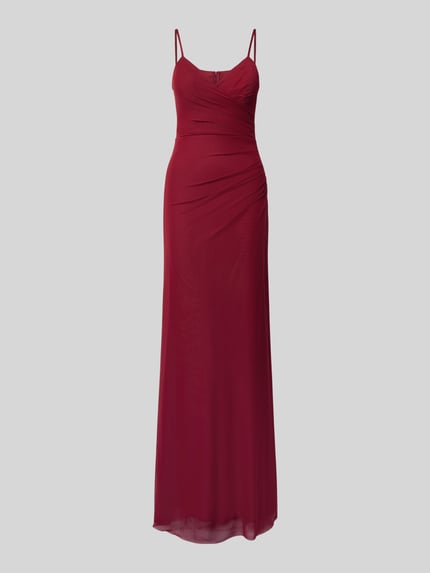 Produktfoto, figurbetontes Abendkleid mit V-Ausschnitt und Raffungen in dunklem Rot, Maxikleid, Spaghettiträger, TROYDEN COLLECTION