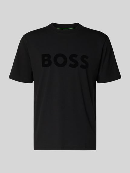 Produktfoto, zwart Regular Fit T-Shirt uit katoenmix model 'ICONIC' van BOSS Green, effen, ronde hals, korte mouw, labelreliëf, jersey-stretch.