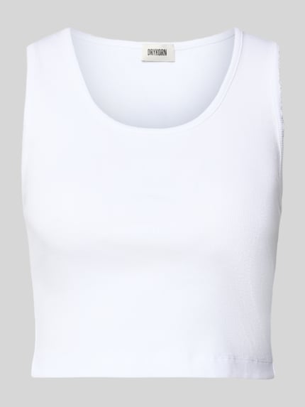 Produktfoto, Slim Fit Top mit Zierbordüre Modell 'Tiora' van Drykorn, dames top van puur katoen, ruglengte bij maat S 33 cm, effen wit, fijne ribtextuur
