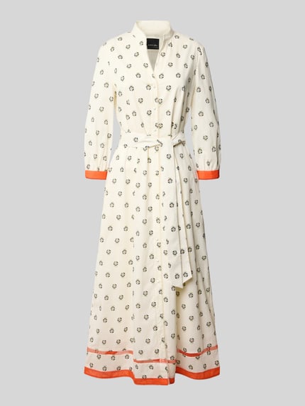 Productfoto, Maxikleid met Zier-Bordüre van Marc Cain van puur katoen met getailleerde pasvorm, sierrand, bloemen all-over print, 3/4-mouw, doorlopende knoopsluiting, opengewerkte borduursels, opstaande kraag, ruglengte maat 36: 135 cm, borstwijdte maat 36: 35 cm, mouwlengte maat 36: 50 cm.
