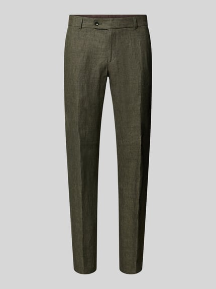 Produktfoto, Slim Fit Leinenhose aus reinen Leinen Modell 'Tomte' von Carl Gross, Herren Stoffhose mit Bügelfalten, Gesäßtaschen, Knopf- und Reißverschluss, Bundweite bei Größe 50: 45 cm, Innenbeinlänge bei Größe 50: 84 cm, matt strukturierte Optik in Olivgrün.