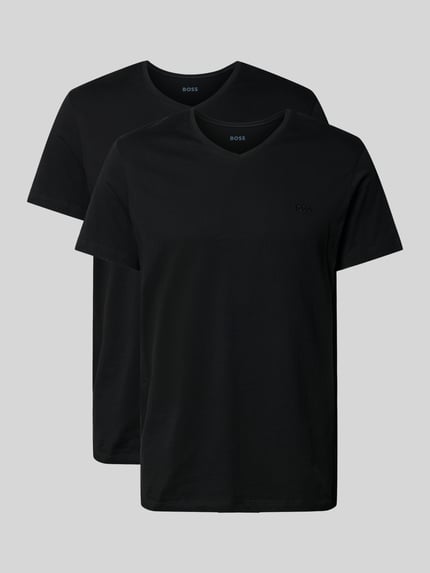 Produktfoto, czarne gładkie T-Shirt z dekoltem V, bawełna, prosty krój, 2er-Pack ComfortS od BOSS, widok z przodu.