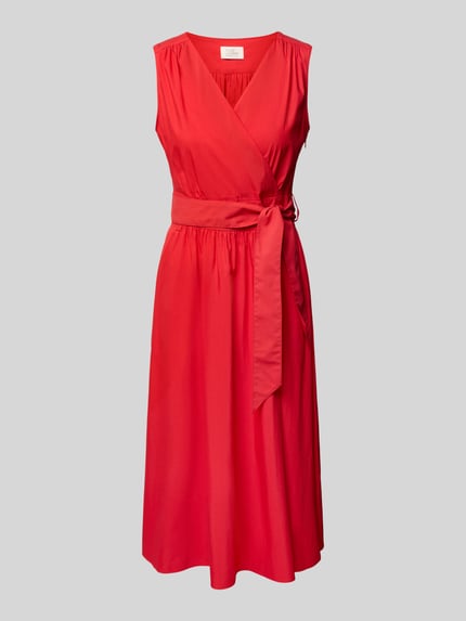 Productfoto, Midikleid met V-hals en bindriem van ROBE LÉGÈRE, katoenmix, A-lijn, felrood, gladde textuur, lengte 117 cm, borstwijdte 36 cm.