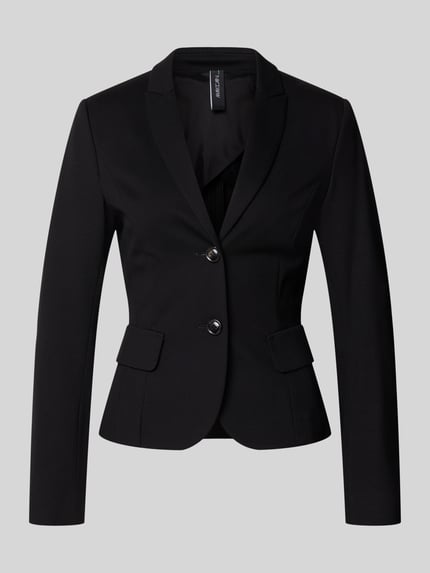 Produktfoto, Slim Fit Blazer aus Viskose-Mix von Marc Cain, Schwarz mit 2-Knopfverschluss, Reverskragen und Pattentaschen, glatte Textur