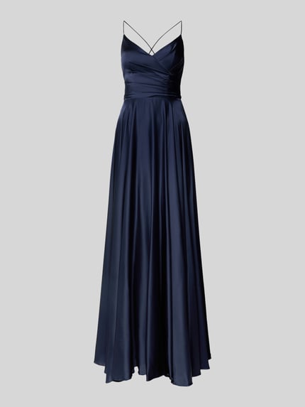 Produktfoto, Abendkleid aus Satin mit rückseitiger Schnürung von Hey Kyla in Dunkelblau, A-Linie, V-Ausschnitt, glatte Oberfläche