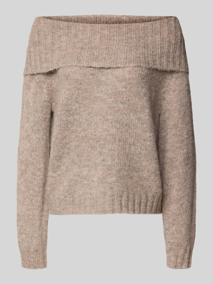 Produktfoto, Regular Fit Strickpullover mit Woll-Anteil Modell 'SHINE' von Only w melanżowym beżowym kolorze, długi rękaw, dzianina, dekolt carmen, ściągacze