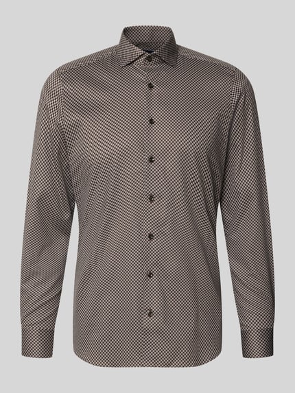 Produktfoto, Body Fit Businesshemd aus Baumwoll-Mix von OLYMP Level 5, feines Muster in Braun und Schwarz, glatte Textur, neutrale Ansicht.