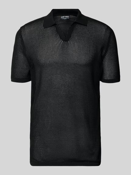 Produktfoto, Slim Fit Poloshirt mit V-Ausschnitt von Antony Morato, schwarz, grobmaschige Textur, Baumwoll-Modal-Mix, kurze Ärmel, Herrenmode