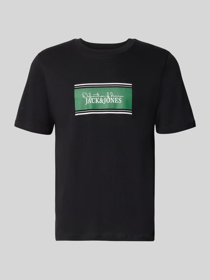 Produktfoto, Regular Fit T-Shirt mit Logo-Print Modell 'Buster' von JACK & JONES aus Reine Baumwolle, schwarze Grundfarbe, grüne Logo-Print Applikation, Herren T-Shirt, Rückenlänge bei Größe M 71 cm.