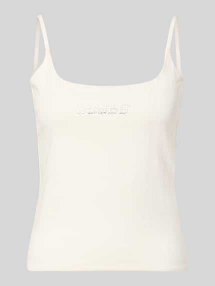 Productfoto, Trägertop met logo model 'ORTENSIA' van Guess Activewear, mix van katoen en elastaan, regular fit, vierkante hals, crèmekleurig, ruglengte bij maat S 29 cm