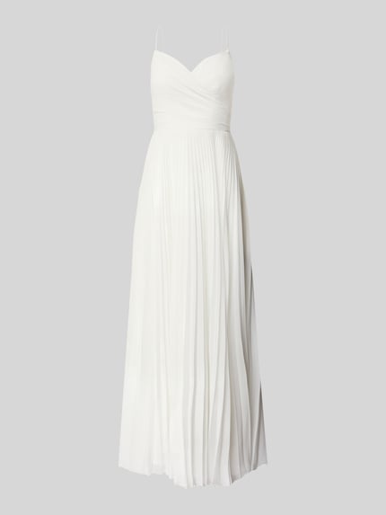Produktfoto, Regular Fit Hochzeitskleid in Falten-Optik von Hey Kyla, Weiß, Spaghettiträger, Rückenausschnitt, Nahtreißverschluss, gelegte Falten, Hochzeitsmode, Rückenlänge 127 cm, Brustweite 33 cm, fließende Textur, elegante Form