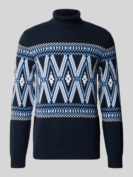 Productfoto, Rollkragenpullover im Allover-Look van MCNEAL, katoenmix, regular fit, donkerblauw met wit en lichtblauw geometrisch patroon, ruglengte maat M 71 cm, mouwlengte maat M 71 cm