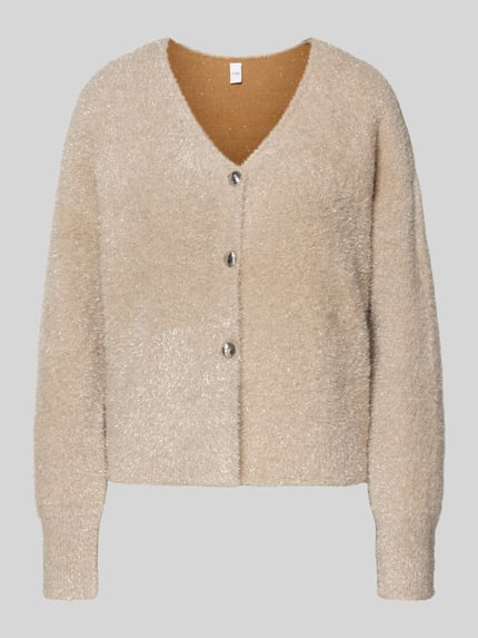 Produktfoto, Strickjacke aus Effektgarn mit V-Ausschnitt Modell 'LISTRA' van YAS in beige, materiaal-mix met viscose, regular fit, knopenrij.