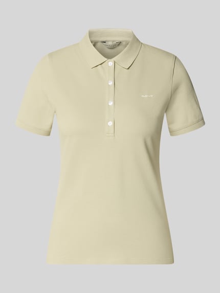 Produktfoto, Slim Fit Poloshirt mit Label-Stitching von Gant aus Baumwoll-Elasthan-Mix, Damen Poloshirt, Knopfleiste, Rückenlänge 59 cm bei Größe S, beige, glatte Struktur