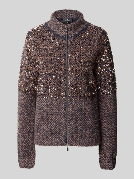 Produktfoto, Strickjacke mit Pailletten und Zweiwege-Reißverschluss von monari in Braun-Grau, grobe Struktur, Stehkragen, Baumwoll-Mix, Regular Fit