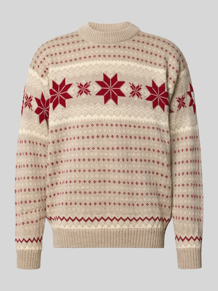 Produktfoto, Regular Fit Wollpullover in Strick-Optik Modell 'Egersund' von Dale of Norway aus reiner Wolle in Beige und Rot mit Norwegermuster