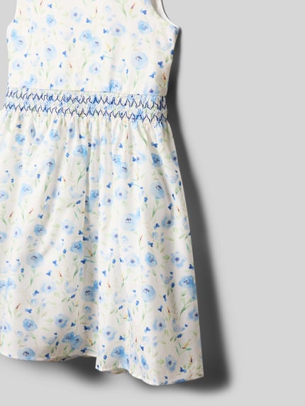 Produktfoto, Regular Fit Kleid mit floralem Allover-Print von DANAMADE, Weiß mit buntem Floraler-Print, Tailliert, Nahtreißverschluss, Ärmelloses-Design, Rundhalsausschnitt, Rückseite, Rückenlänge 63 cm bei Größe 116