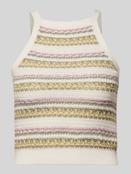 Produktfoto, Cropped Stricktop in Jacquard-Strick von Review, Streifenmuster, bunte Farben, Reine Baumwolle, Rückenlänge 42 cm bei Größe S.