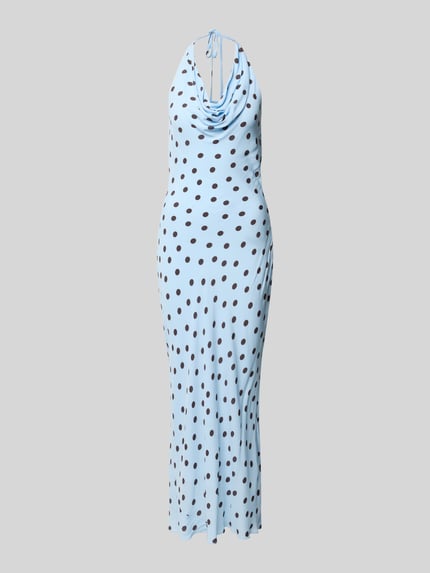 Produktfoto, jasnoniebieskie Cocktailkleid mit Wasserfall-Ausschnitt Modell 'Carter' von Forever New, fason dopasowany, długość midi, szerokość w rozmiarze 36: 36 cm, długość tyłu w rozmiarze 36: 116 cm, tkanina w czarne grochy