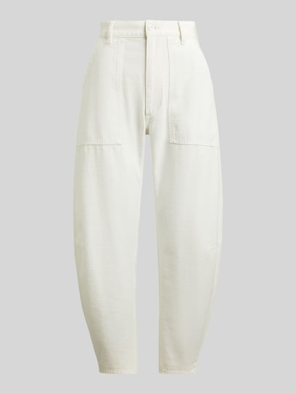 Produktfoto, Tapered Stoffhose aus reiner Baumwolle von Polo Ralph Lauren in unifarbenem Weiß, High Waist, seitliche Riegel, strukturierte Oberfläche