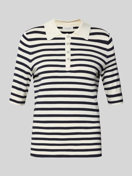 Produktfoto, Poloshirt aus Viscosemix von Christian Berg Woman, recht model, polokraag, knoopsluiting, 1/2-mouwen, strepen in zwart en gebroken wit