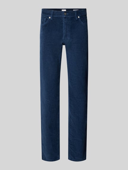 Productfoto, rechte blauwe corduroy broek van katoenmix met fijne ribstructuur, Straight Fit Cordhose aus Baumwoll-Mix Modell 'Mythos Flex Cord' van Brax, Heren corduroy broek