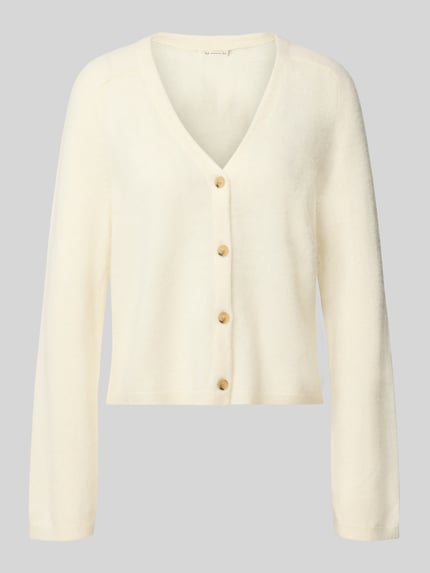 Productfoto, Strickjacke aus Leinen-Kaschmir-Mix mit V-Ausschnitt van MM by Max Mara, regular fit, crèmekleur, fijne textuur, knoopsluiting, ruglengte maat M 51 cm, mouwlengte maat M 59 cm.